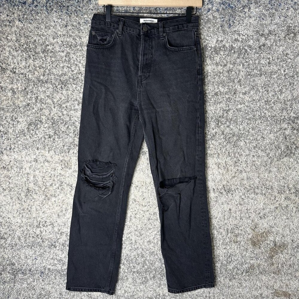 Reformation‎ Cynthia High Rise Straight Jeans Womens 27 Black Lagoon Destroyed